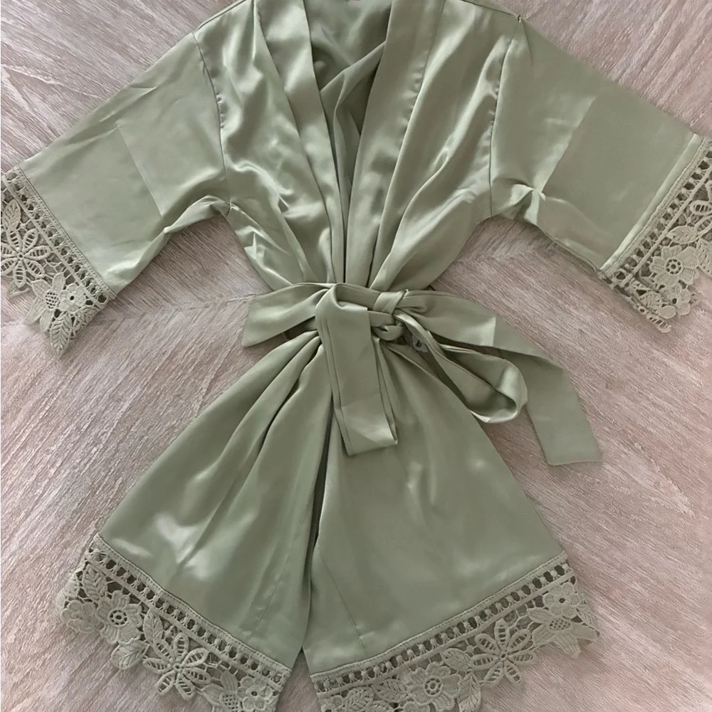 Kids Satin Robe in Sage Green with Lace Trim